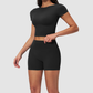 Wholesale Seam-Detail Cropped Short-Sleeve Top & High-Waist Biker Shorts Set – Brushed Yoga 2-Piece