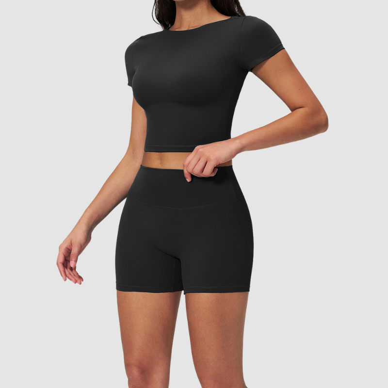 Wholesale Seam-Detail Cropped Short-Sleeve Top & High-Waist Biker Shorts Set – Brushed Yoga 2-Piece