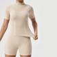 Backless high-neck short-sleeve top and shorts two-piece set