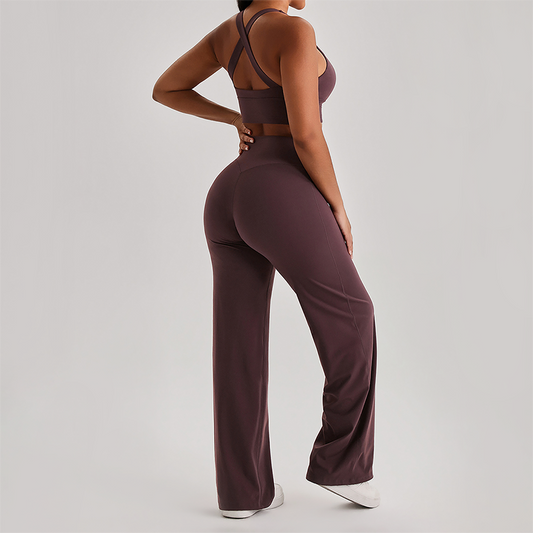 Wholesale Women's Peach Lift High Waist Flare Pants Yoga Set – Cross Back Sports Bra 0258
