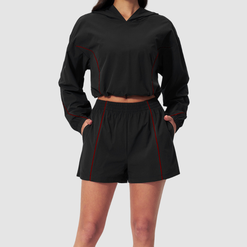 Wholesale Women's UPF50+ Sun Protection Hoodie Jacket + Shorts Set – Colorblock Outdoor Running Sportswear