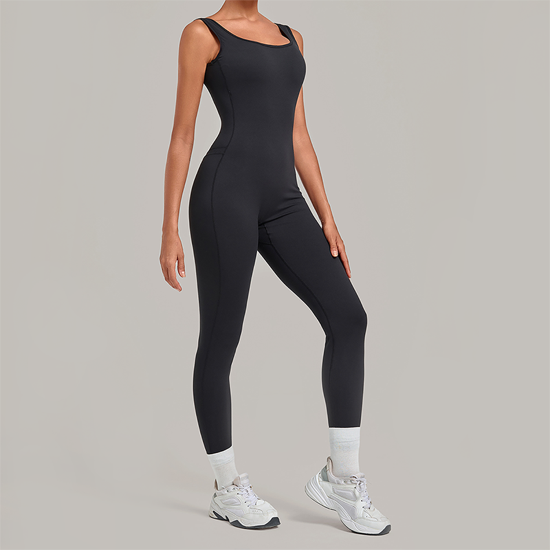 Wholesale Women's Brushed Yoga Jumpsuit – Open-Back Slim Fit Athletic Bodysuit w/ Chest Pad