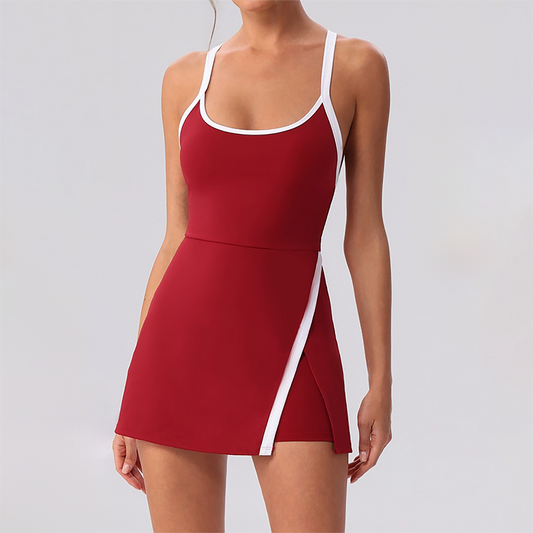 Wholesale Women's Spaghetti Strap Tennis Dress – Feather-Trim Anti-Exposure Fitness Dress