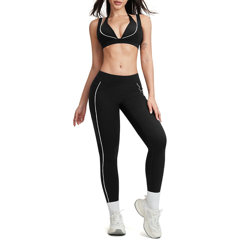 Color-block backless bra + high-waisted leggings 2-piece set