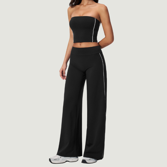 Wholesale Women's Brushed Strapless Tube Top & Wide-Leg Pants Set – Padded Yoga Fitness 2-Piece