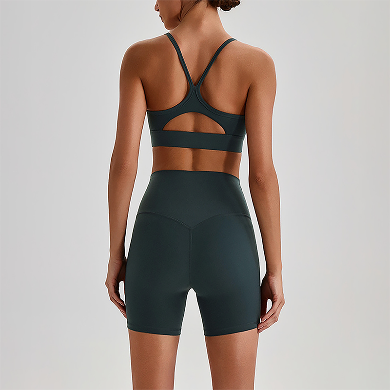 Wholesale Brushed Naked-Feel Open-Back Sports Bra & High-Waist Shorts Set – Sculpting Yoga 2-Piece