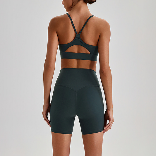 Wholesale Brushed Naked-Feel Open-Back Sports Bra & High-Waist Shorts Set – Sculpting Yoga 2-Piece