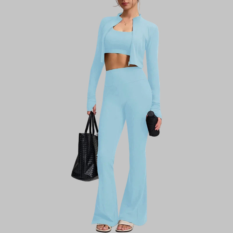 Square Neck Bra + Cropped Jacket + Flare Pants 3-piece set