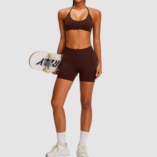 Wholesale Seamless Halter Sports Bra & High-Waist Biker Shorts Set – Naked-Feel Peach-Lift Yoga 2-Piece
