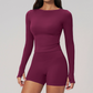 Wholesale Seam-Detail Long-Sleeve Crop Top & High-Waist Biker Shorts Set – Brushed Yoga 2-Piece