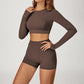 Round-neck long-sleeve high-waist fitted top+High-waist shorts 2-PIECE SET