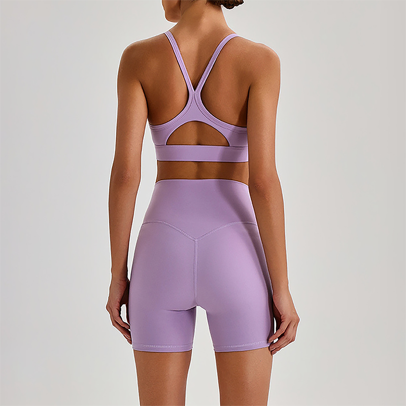 Wholesale Brushed Naked-Feel Open-Back Sports Bra & High-Waist Shorts Set – Sculpting Yoga 2-Piece