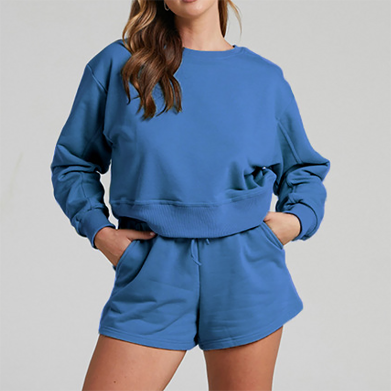 Wholesale solid color long sleeved sweatshirt+shorts set