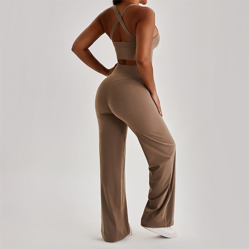 Wholesale Women's Peach Lift High Waist Flare Pants Yoga Set – Cross Back Sports Bra 0258