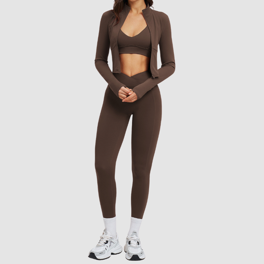 Wholesale stand-collar jacket+leggings+ sports bra 3-piece | Wonderxfans bulk activewear
