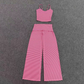 Wholesale Women's Activewear Retro Print Fold-Over Waist Top & Straight-Leg Pants Set
