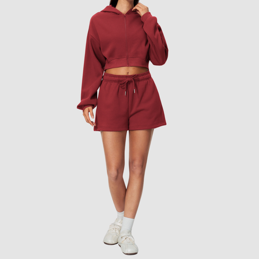 Wholesale Women's Relaxed Fleece-Lined  Zip Up Hoodie & Sweat Shorts Set