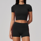 Wholesale Women's Brushed Short Sleeve Crop Top & High-Waist Shorts Set – Padded Yoga Fitness 2-Piece