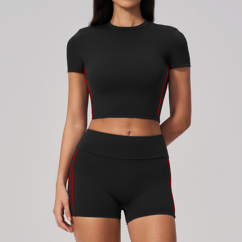 Wholesale Women's Brushed Short Sleeve Crop Top & High-Waist Shorts Set – Padded Yoga Fitness 2-Piece
