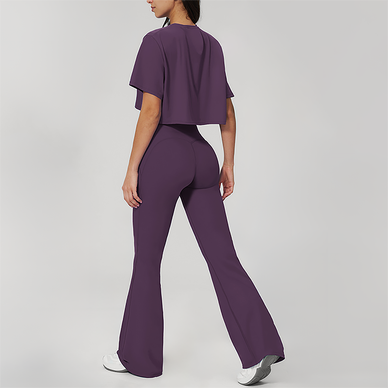 Wholesale round neck short sleeved top+flared pants 2-piece set