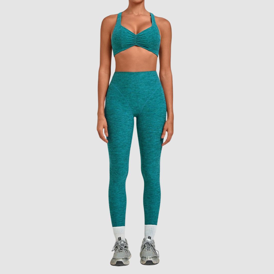 [Wholesale Women’s Ruched Sports Bra & High-Waist Leggings Yoga Set – 9291+1567]