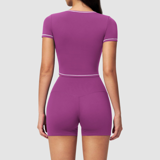 Wholesale Women's Seam-Detail Short Sleeve Crop Top + High-Waist Shorts Set – Butt-Lifting Yoga Gym Activeweare