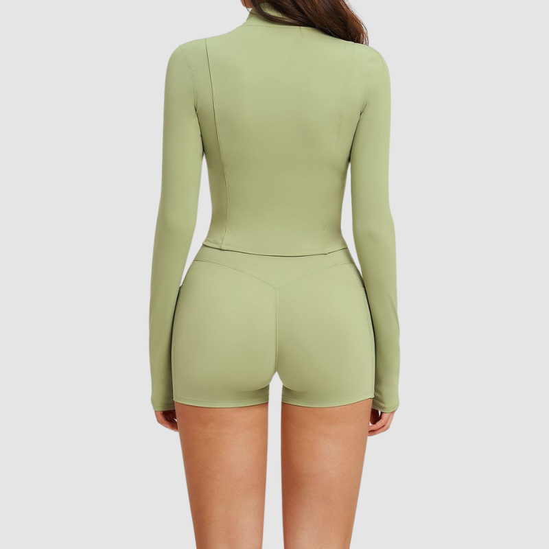 Wholesale stand-collar zippered jacket + high-waisted tight shorts