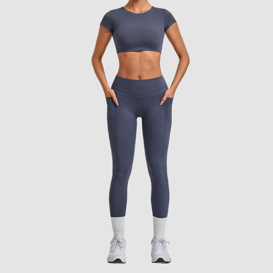 Wholesale Women's Naked-Feel Short Sleeve Crop Top + High-Waist Leggings Set – Moisture-Wicking Yoga Fitness Activewear