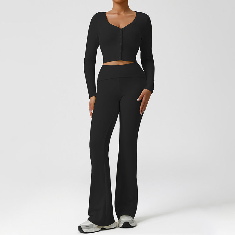 Snug-Fit Cropped Long Sleeve + Flared Leg Pants 2-Piece Set