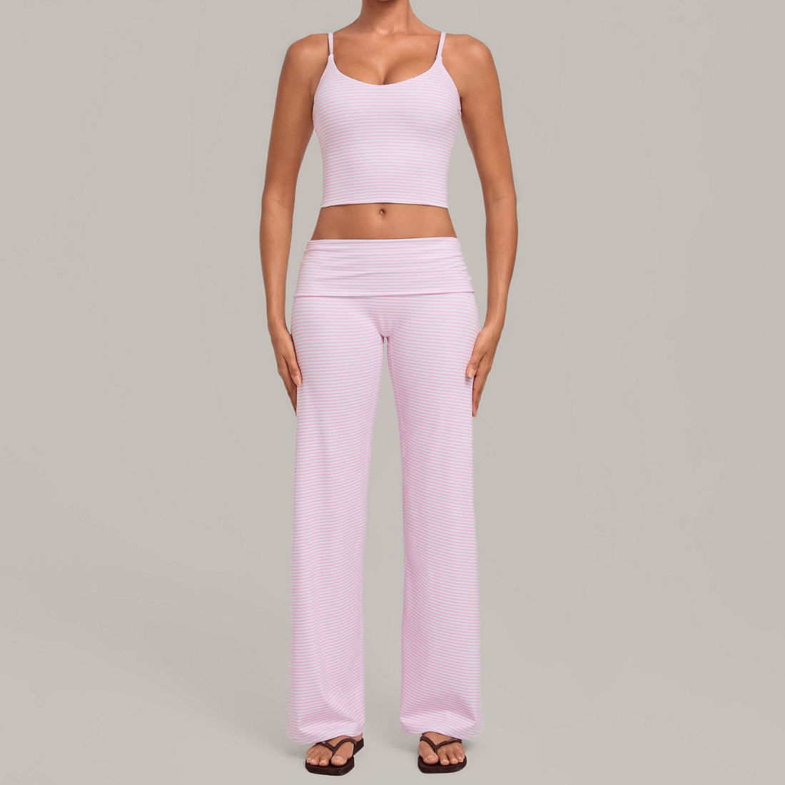 Wholesale Women's Activewear Retro Print Fold-Over Waist Top & Straight-Leg Pants Set