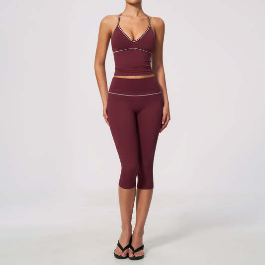 Wholesale Women's Brushed Yoga Set: Cross-Back Bra & Capri Pants – Colorblock Tummy Control