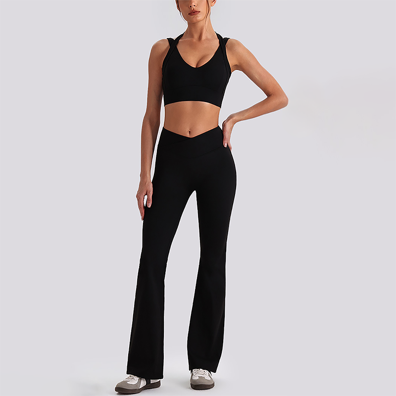 Wholesale Women's Open-Back Long Sleeve Crop Top & High Waist Leggings Set with Chest Pad