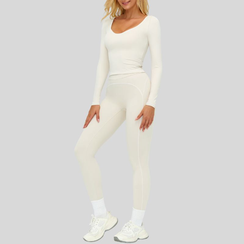 Color-blocked long-sleeved sports top+High waisted leggings 2-piece set