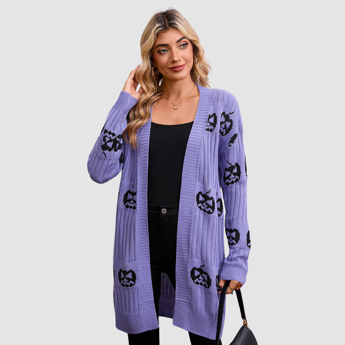Wholesale Women's V-Neck Long Sleeve Halloween Witch Pumpkin Jacquard Cardigan