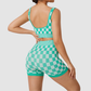 Wholesale Women's Checkerboard Yoga Set – Contrast Color Sports Bra and Shorts Set