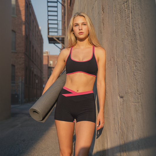 Wholesale Women's Color Block Cross-Back Sports Bra & High-waist Short (Pre-sale)