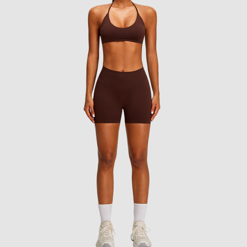 Wholesale Seamless Halter Sports Bra & High-Waist Biker Shorts Set – Naked-Feel Peach-Lift Yoga 2-Piece