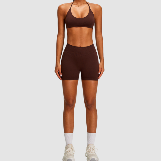 Wholesale Seamless Halter Sports Bra & High-Waist Biker Shorts Set – Naked-Feel Peach-Lift Yoga 2-Piece