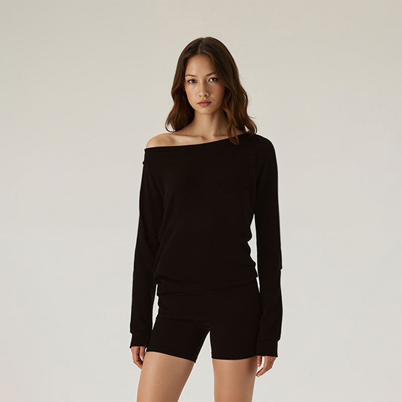 Slanted shoulder top with long sleeve T-shirt