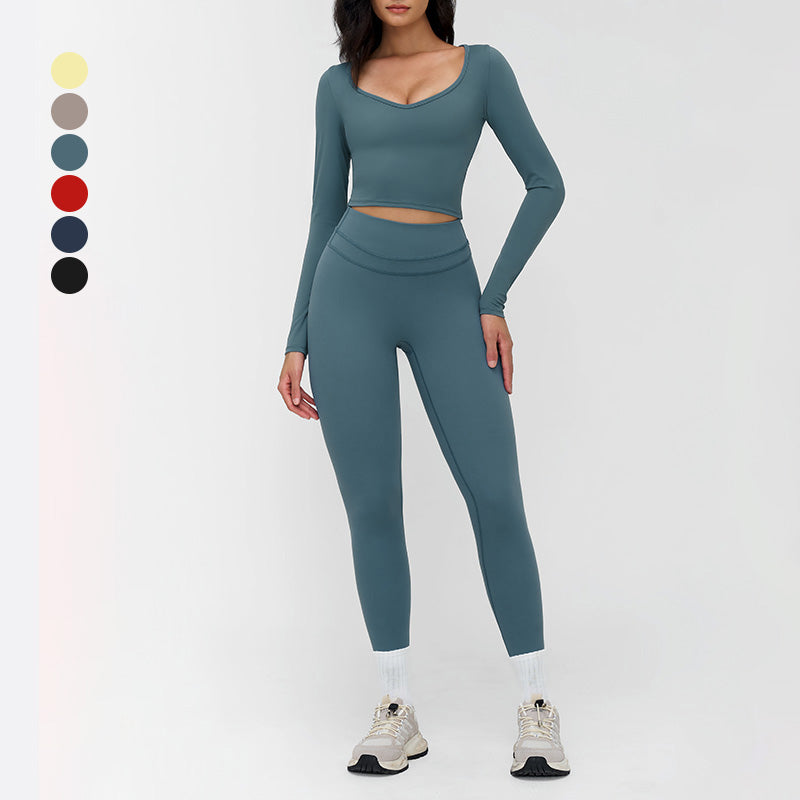 V-neck slim-fit long-sleeved top + High waist leggings 2-piece set