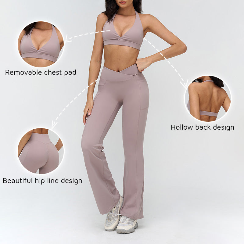 Halterneck backless bra + Flared pants 2-piece set