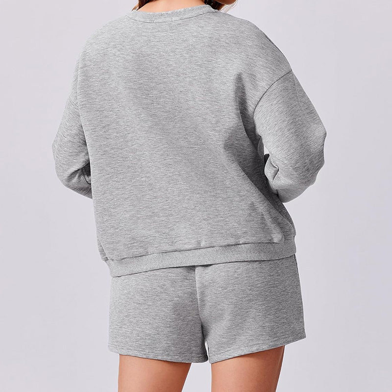 Round neck loose casual sweatshirt+Loose-fitting athletic shorts 2-piece set