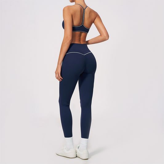 Wholesale Women's Brushed Yoga Set: V-Neck Bra & Leggings – Colorblock Tummy Control