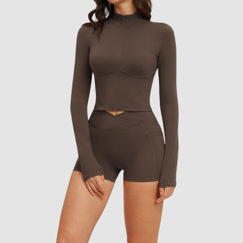 Wholesale stand-collar zippered jacket + high-waisted tight shorts