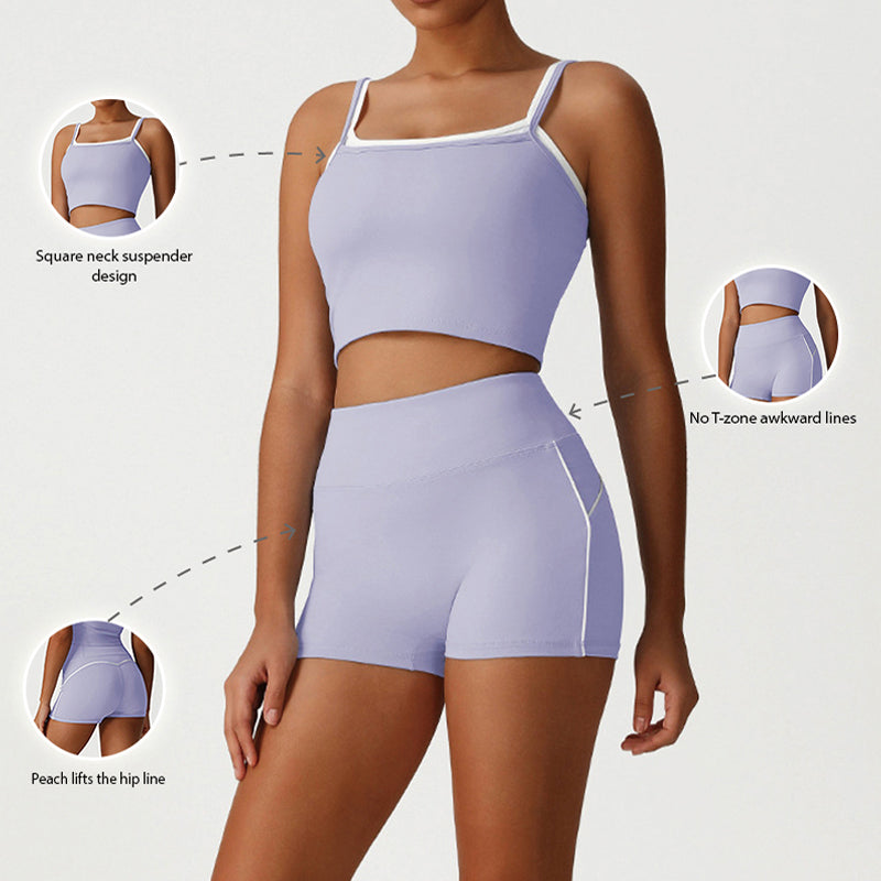 Layered-Look Spaghetti Strap Crop Top + High-Waisted Butt-Lifting Shorts 2-Piece Set