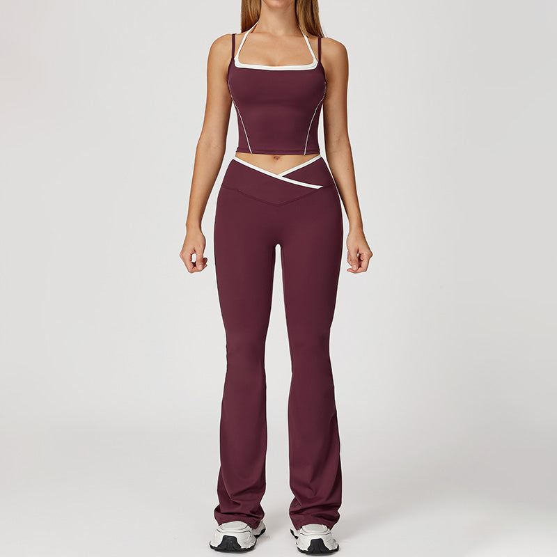 Fake two-piece halter tank top + High-waisted flared leg pants 2 piece Set