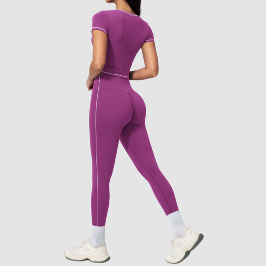 Wholesale Women's Seam-Detail Short Sleeve Crop Top + High-Waist Leggings Set – Butt-Lifting Yoga Gym Activewear