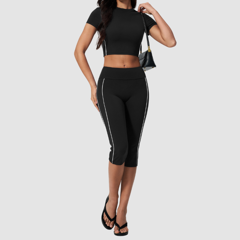 Wholesale Women's Brushed Contrast Piping Short Sleeve Crop Top & Button-Up Cropped Pants Set