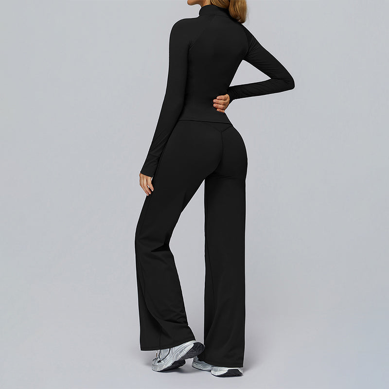 Zippered quick-drying sports jacket+High-waisted wide-leg sweatpants 2-piece set