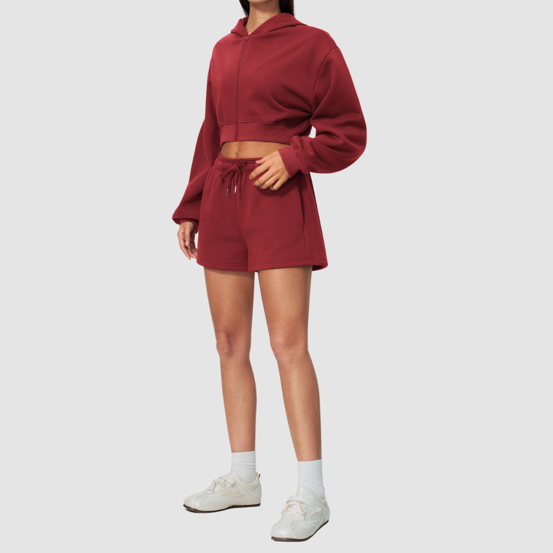 Wholesale Women's Relaxed Fleece-Lined  Zip Up Hoodie & Sweat Shorts Set